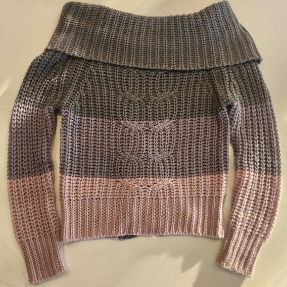 Rare Derek Heart Sz S off-shoulder Chunky Knit Sweater Pink Gray Tie Back Chic - Picture 1 of 10